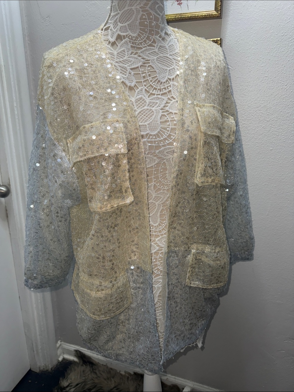 Anthropologie Two-Tone Sequin Open Bomber Jacket in Pale Gold and Silver